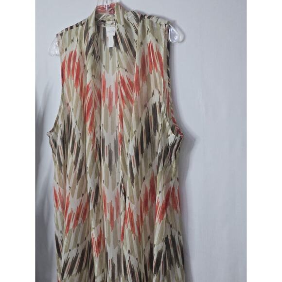 Chico's Sheer Print Open Drape Front Kimono Flowy Vest Tan Brown Size 3 XLarge - Picture 2 of 6